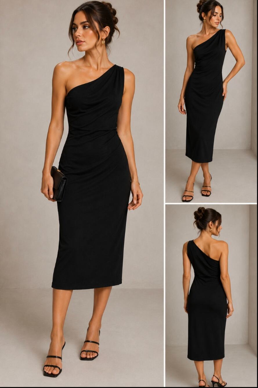 Vintage Y2K Ariana by Rachel Kaye Sexy Formal Black One Shoulder Event Dress 10